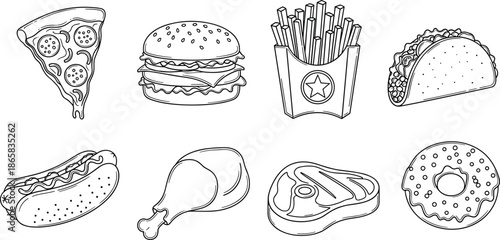 Collection of Fast Food Line Art Illustrations Featuring Pizza Burger French Fries Taco Hot Dog Chicken Leg Steak and Donut Icons