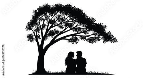 a romantic scene unfolds beneath a large tree with a couple sharing a moment silhouette