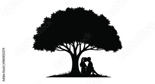 A romantic couple shares a tender moment beneath the sprawling branches of a large tree silhouette