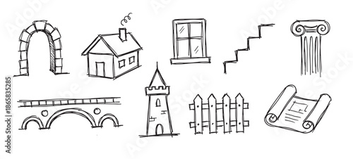 Collection of black ink architectural sketch icons featuring a house, castle tower, stone bridge, arch, column, window, stairs, and fence in a simple hand-drawn style