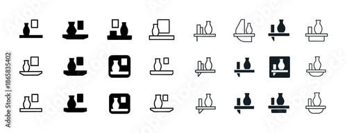 Minimalist icon set of vases and frames on shelves in line and filled styles