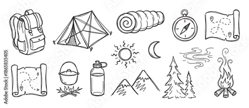 Hand-drawn camping and hiking equipment icons set in a black and white doodle style, featuring a backpack, tent, compass, map, campfire, and other outdoor adventure elements