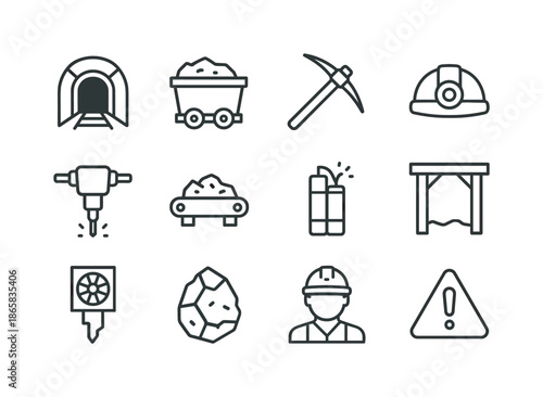 Underground Mining Icons. Underground Mining Techniques. Line icon set of Underground Mining Techniques: tunnel, mining cart, pickaxe, helmet with lamp, drill,
