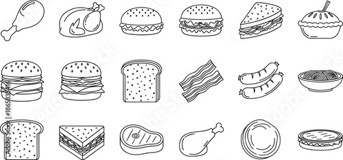Extensive collection of minimalist line art food icons including burgers sandwiches fried chicken steak bacon and bakery items for modern cafe and restaurant menus.