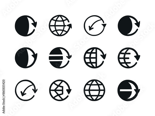 Earth Rotation Logos. Earth's rotation. Icon set. Set Logo of earth's rotation: rotating hemisphere split. harmonious logo variations of the same emblematic