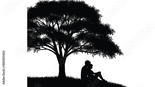 a peaceful moment under a tree with a couple embracing captured in striking black and white silhouette