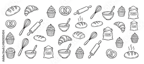 Collection of hand-drawn baking icons featuring bread, croissants, cupcakes, and kitchen utensils in a charming black and white doodle style illustration set for culinary concepts