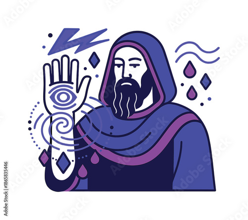 Storm Diviner Illustration. Storm diviner. A glowing eye on the deity?s palm emits spiraling winds; geometric raindrops float in controlled orbits. Modern