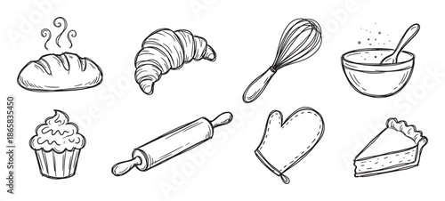 Hand-drawn baking and pastry doodle set featuring a loaf of bread, croissant, cupcake, pie, rolling pin, whisk, and oven mitt in a charming black line art illustration style