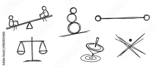 Collection of hand-drawn black icons representing balance and equilibrium, including a seesaw, stacked circles, scales of justice, and a spinning top in a simple doodle style