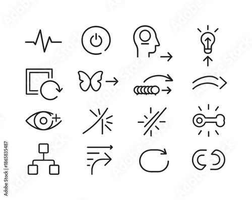 Paradigm Shift Icons. paradigm shift. Line icon set of paradigm shift: shift pulse, mental reset button, paradigm flip, new lens icon, context reset, symbolic