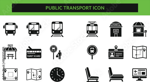 Flat Vector Icon Set of Public Transport and Travel Elements Featuring Bus Train Ticket Map Clock and Navigation Symbols for Design