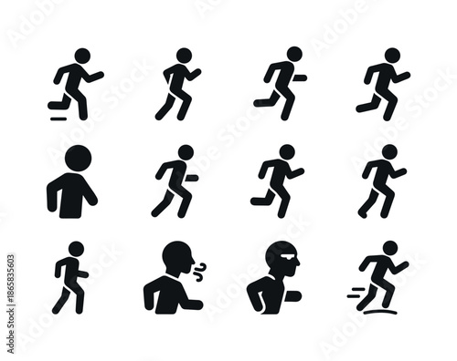 Running Posture Icons. Running posture. Solid icon set of Running posture: heel strike icon, arm swing, forward lean, stride length, head position, midfoot