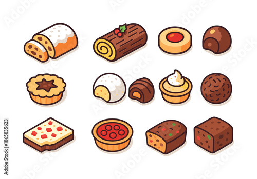 Festive Treat Icons. Filled holiday treats. Colorful isometric vector icons set of filled holiday treats: marzipan stollen, custard Yule log, jam thumbprint
