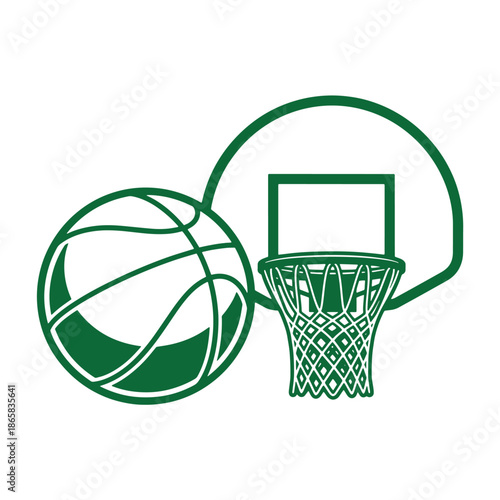 Green basketball and hoop icon with net and backboard in simple line art style for sports design  isolated on white background
