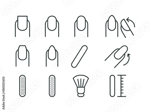 Nail Shaping Icons. Nail shaping. Line icon set of Nail shaping: square nail icon, round nail icon, oval nail icon, almond nail icon, coffin nail icon,