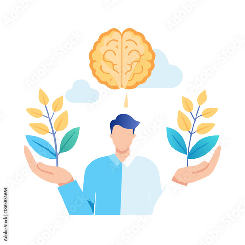 Vector illustration of a human brain merged with a green eco tree featuring leaves and branches as a symbol of nature and life for environmental design