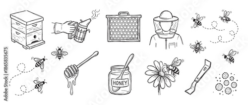 Hand-drawn set of beekeeping illustrations in a doodle style showing a beehive, beekeeper, honey jar, honeycomb, bees, and various apiary tools