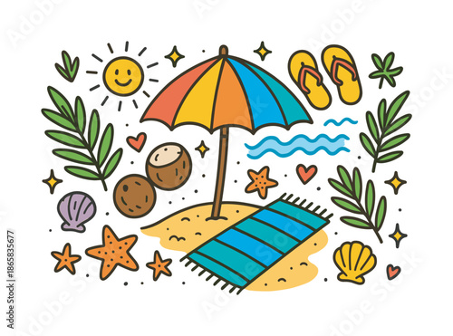 Tropical Beach Fun. Tropical Beach Umbrella. Colorful Hand-drawn doodle Children illustration palm leaves, umbrella, coconuts, waves, sun icon, flip-flops,