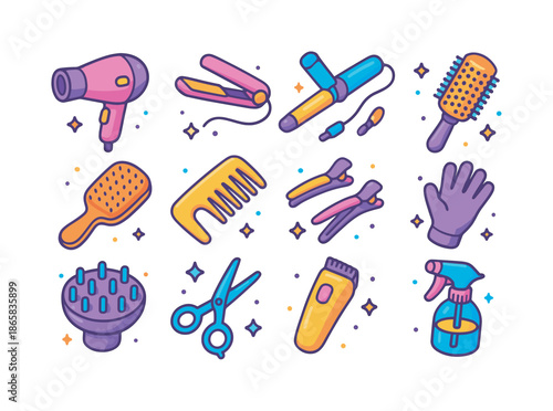 Colorful Hair Styling Tools. Hair styling tools. Colorful isometric vector icons set of hair styling tools: hairdryer, flat iron, curling wand, round brush,