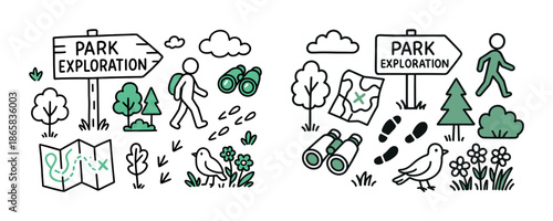 Park exploration illustration: outdoor adventure with map, binoculars, and nature elements