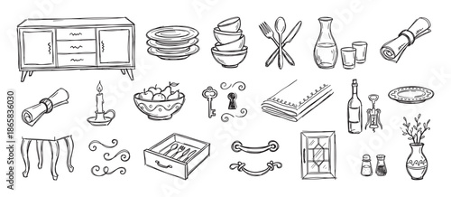 Hand-drawn doodle collection of vintage furniture and dining elements including a sideboard, plates, cutlery, wine, and a candle in a sketchy black and white line art style