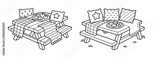 Picnic table setup with decorative cushions and snacks