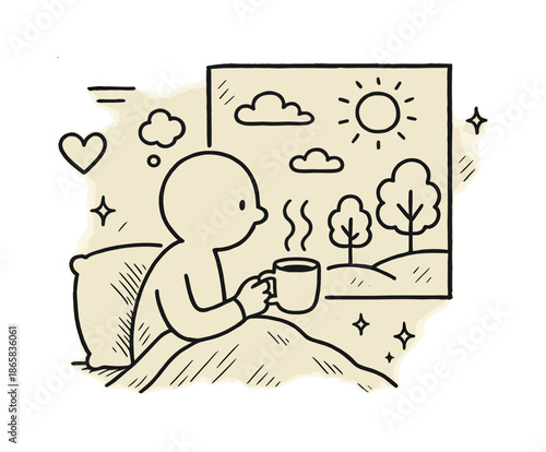 Quiet Reflection Illustration. Quiet observation. Hand-drawn doodle illustration Quiet observation figure by window, steam lines from cup, trees, clouds, sun,