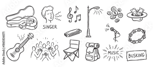 Hand-drawn busking and street musician icon set with a singer, guitar, microphone, and money for tips, illustrated in a black and white doodle sketch style for live performance concepts