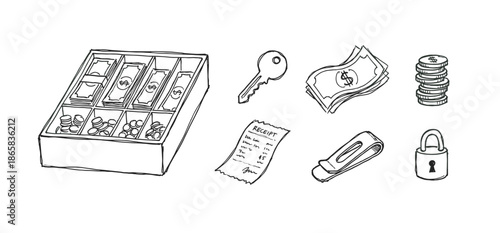 Hand-drawn sketch illustration set of finance and business icons including a cash drawer, dollar bills, coins, a receipt, a key, a money clip, and a small padlock