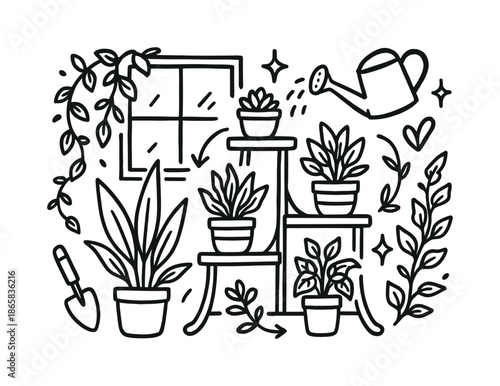 Indoor Plant Sanctuary. Indoor plant decor. Hand-drawn doodle illustration Indoor plant decor tiered stand, potted succulents, leafy plants, vines, watering