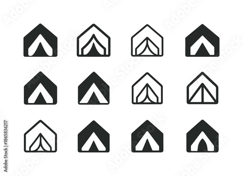 Evacuation Center Logos. Evacuation center. Icon set. Set Logo of evacuation center: emergency shelter tent. harmonious logo variations of the same emblematic