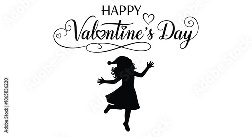 A joyful valentine s day greeting with a dancing girl in black silhouette hearts and decorative swirls