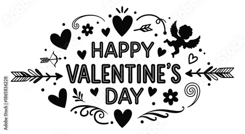 A charming valentine s day design with hearts arrows and a cupid silhouette making it perfect for celebrations