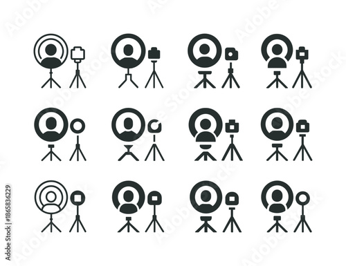 Studio Portrait Icons. Taking portraits in a studio. Icon set. Set Logo of Taking portraits in a studio: ring light. harmonious logo variations of the same