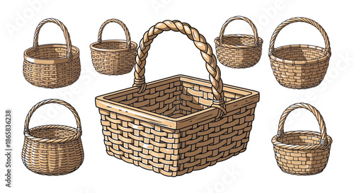 An assortment of vintage style woven baskets in varying sizes and shapes