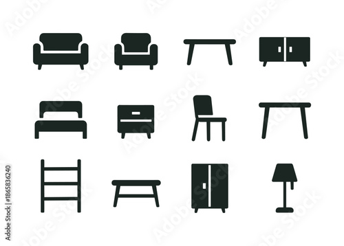 Minimalist Furniture Icons. Minimalist furniture. Solid icon set of minimalist furniture: sofa, armchair, coffee table, sideboard, bed frame, nightstand,