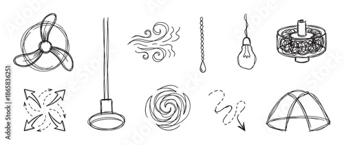 Hand-drawn ceiling fan and ventilation doodle set with various elements like propellers, air flow symbols, light bulbs, and pull chains in a simple black and white sketch style