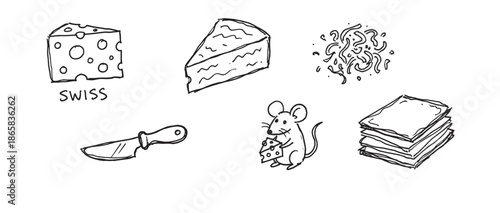 Hand-drawn cheese doodle set with various types of cheese, a cute mouse, and a knife in a simple black and white sketch style illustration for food and culinary concepts