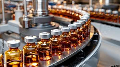 Automated production line with glass vials showcasing modern vaccine development in pharma industry