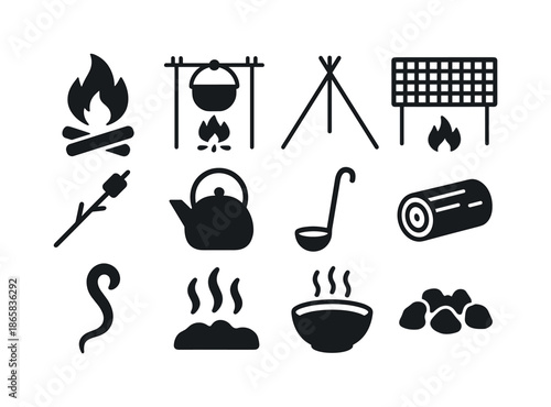 Campfire Cooking Icons. Campfire cooking. Solid icon set of Campfire cooking: campfire, hanging pot, tripod stand, grilling grate, roasting stick, kettle,