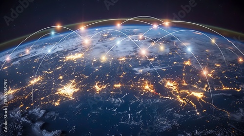 Interconnected global supply chain network featuring shipping routes and distribution hubs