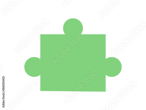 Flat green jigsaw puzzle piece in silhouette style. Simple tile for table or board game. Fun concept for children toys, playful activities, and skill entertainment.