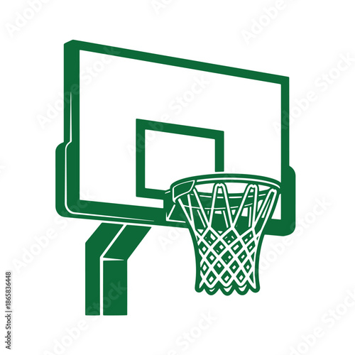 Green basketball hoop with net and backboard in a simple graphic illustration for sports equipment or athletic theme
