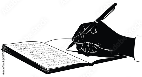 a hand holding a pen over an open notebook filled with writing presented as a silhouette