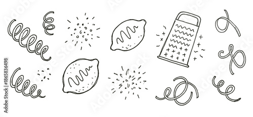 Hand drawn black and white doodle illustrations of lemons, a grater, and zest curls in a simple, minimalist sketch style for a cooking or food concept