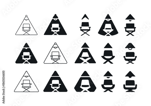 Celebrity Interview Icons. Celebrity interview. Icon set. Set Logo of celebrity interview: spotlight on chair. harmonious logo variations of the same