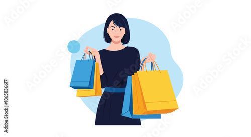 Happy young woman smiling while carrying multiple colorful shopping bags after a successful day of retail therapy and fashion deals.