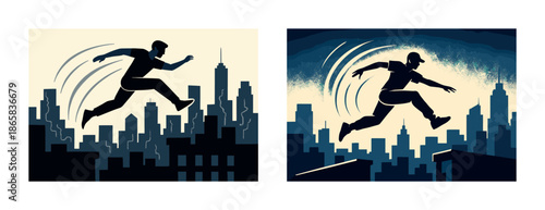 Silhouetted male parkour athlete jumping across urban cityscapes at night