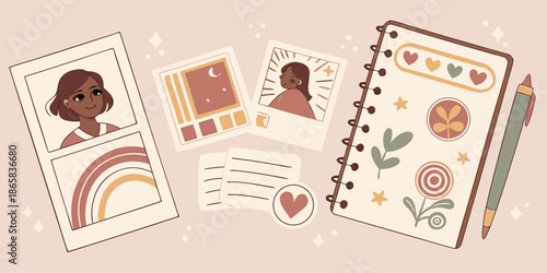 Flat lay shows decorated spiral notebook, instant photos featuring a woman, stickers, and a pen on a light background.